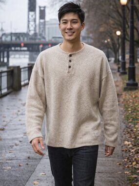 Vintage Abercrombie & Fitch The Big Sweater Wool Men's Henley Beige Size M